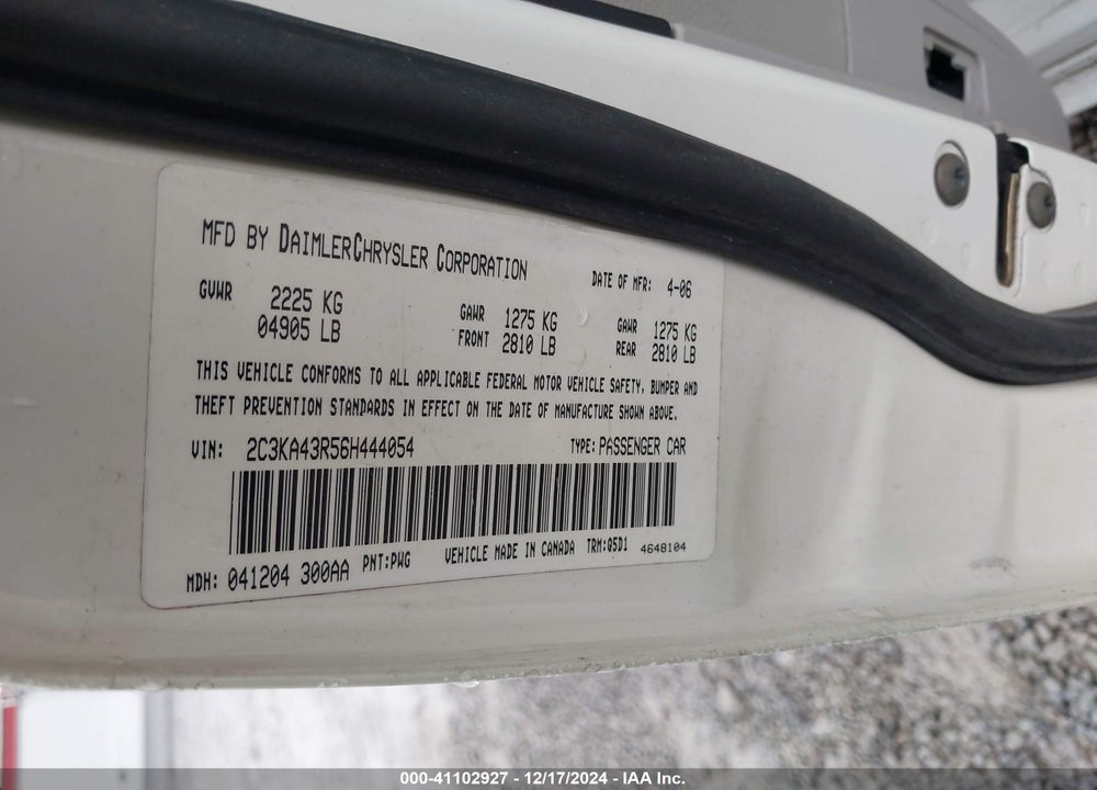 2006 CHRYSLER 300 VIN: 2C3KA43R56H444054