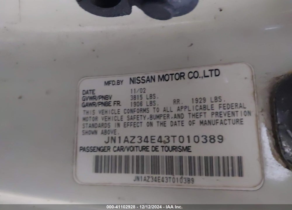 2003 NISSAN 350Z TOURING VIN: JN1AZ34E43T010389