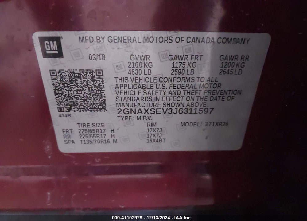 2018 CHEVROLET EQUINOX LT VIN: 2GNAXSEV3J6311597