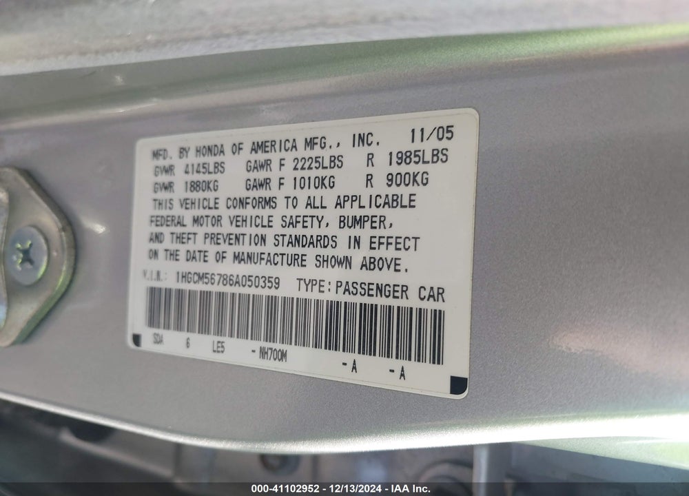 2006 HONDA ACCORD 2.4 EX VIN: 1HGCM56786A050359
