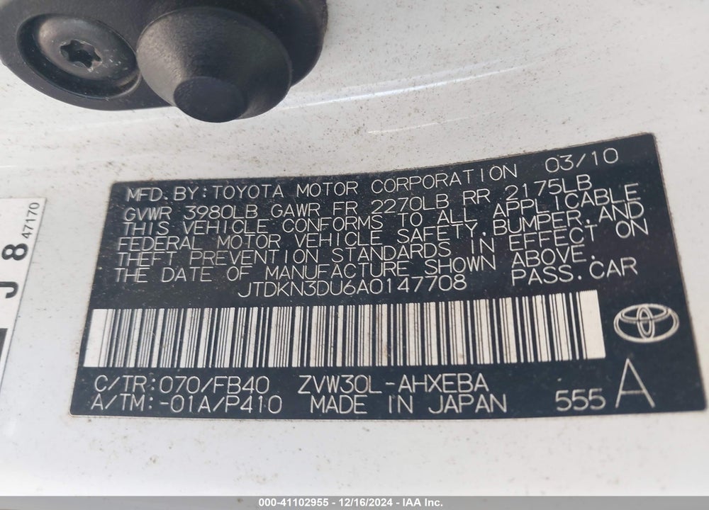 2010 TOYOTA PRIUS VIN: JTDKN3DU6A0147708