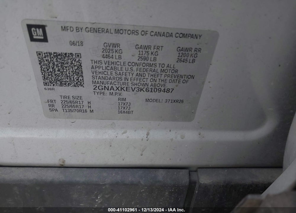 2019 CHEVROLET EQUINOX LT VIN: 2GNAXKEV3K6109487