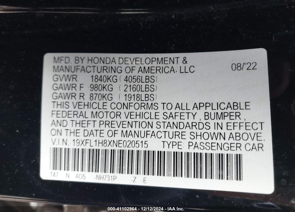 2022 HONDA CIVIC SPORT TOURING VIN: 19XFL1H8XNE020515