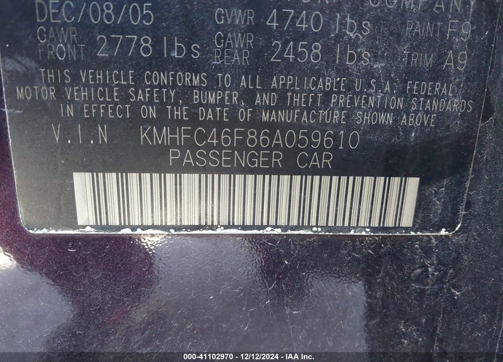 2006 HYUNDAI AZERA LIMITED/SE VIN: KMHFC46F86A059610