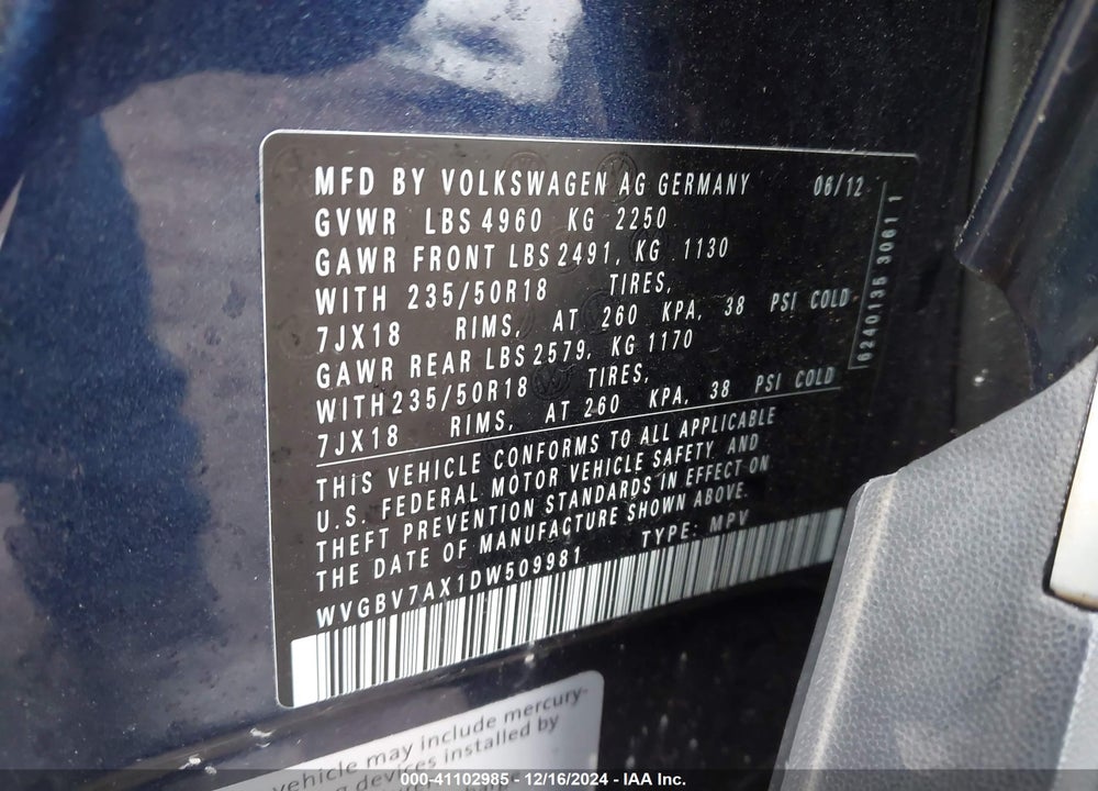 2013 VOLKSWAGEN TIGUAN VIN: WVGBV7AX1DW509981