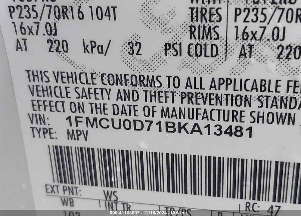 2011 FORD ESCAPE XLT VIN: 1FMCU0D71BKA13481