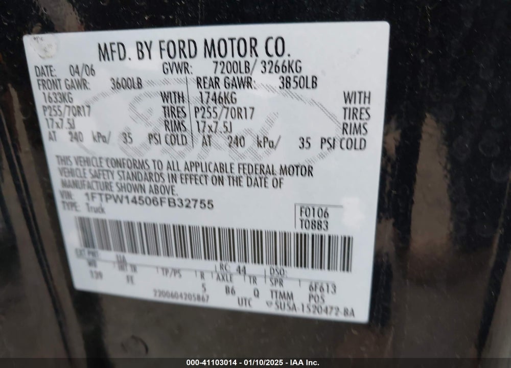 2006 FORD F-150 FX4/LARIAT/XLT VIN: 1FTPW14506FB32755