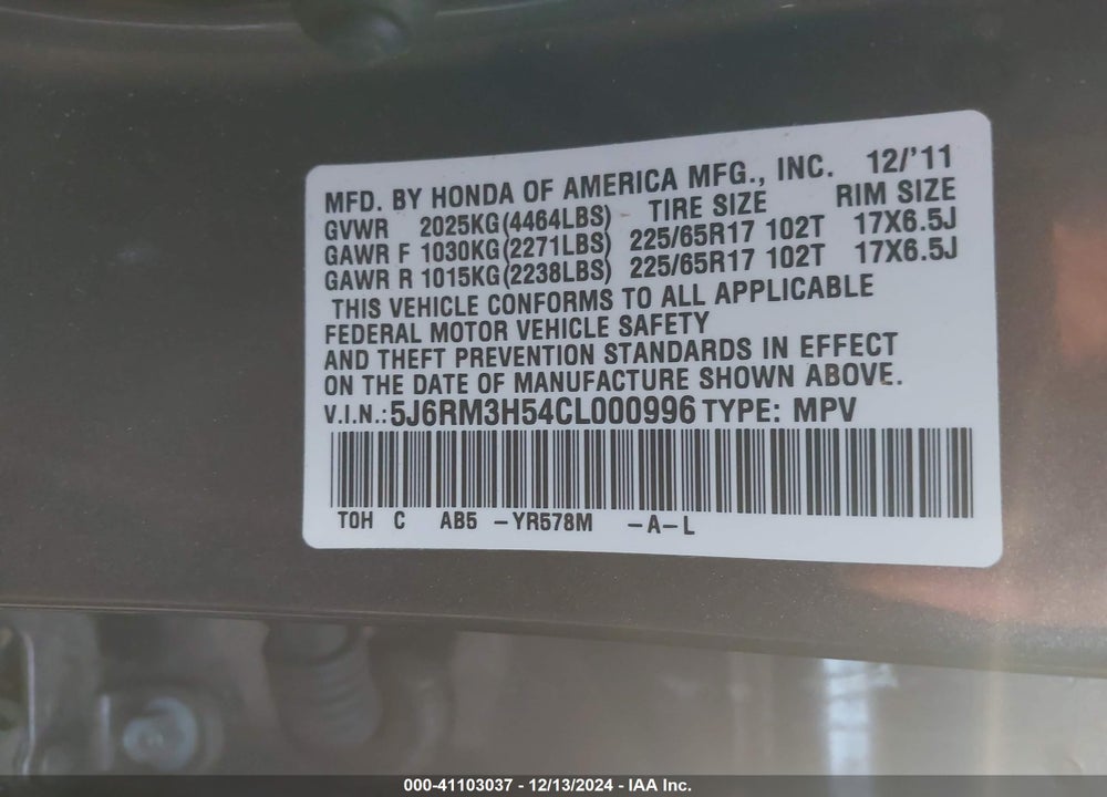 2012 HONDA CR-V VIN: 5J6RM3H54CL000996