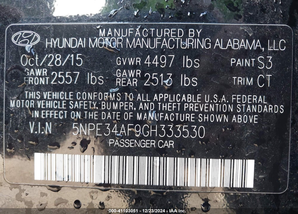2016 HYUNDAI SONATA SPORT VIN: 5NPE34AF9GH333530