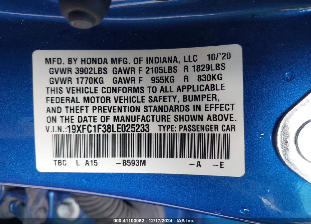 2020 HONDA CIVIC EX VIN: 19XFC1F38LE025233