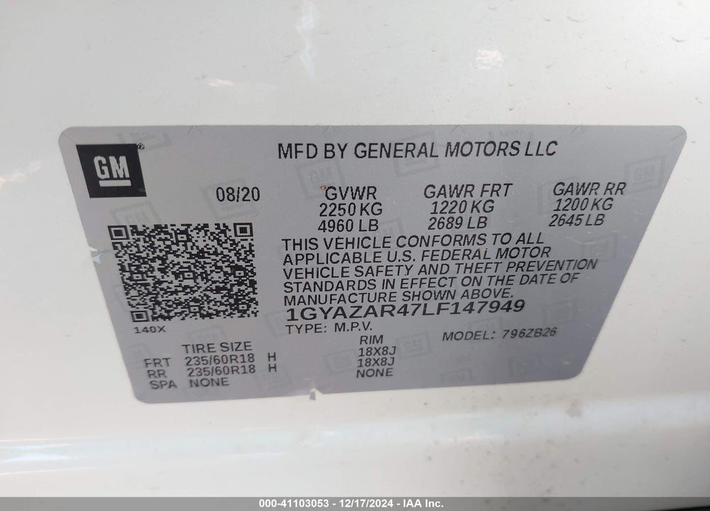 2020 CADILLAC XT4 FWD LUXURY VIN: 1GYAZAR47LF147949