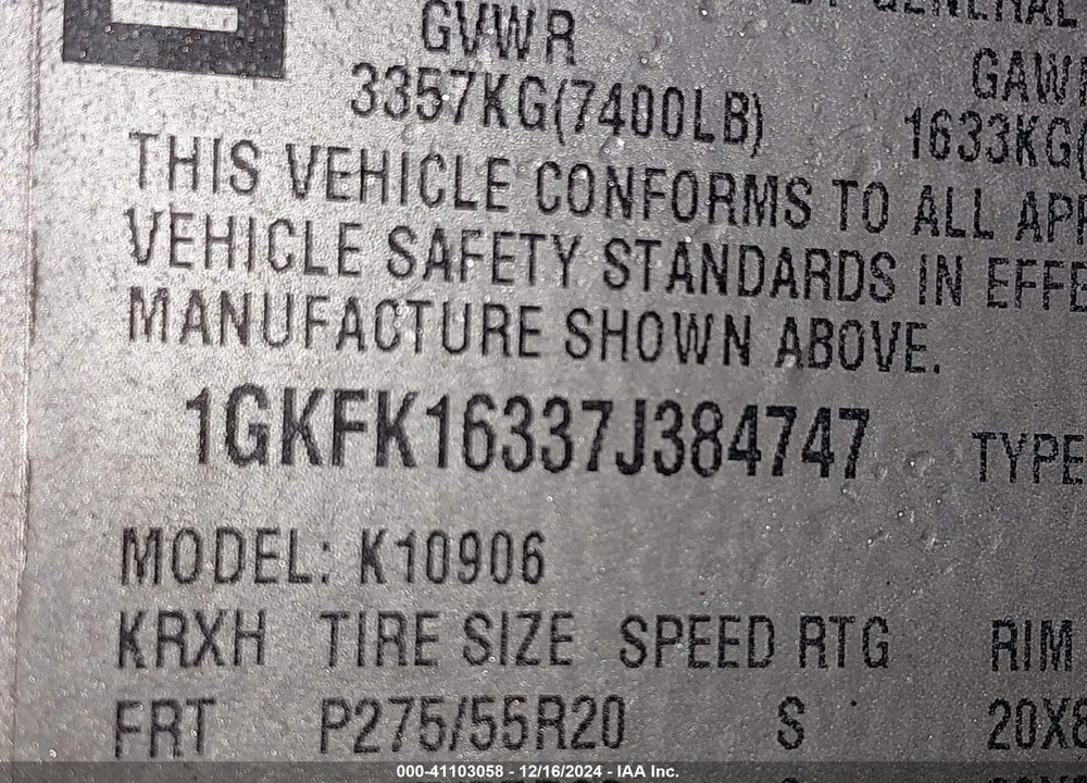 2007 GMC YUKON XL 1500 SLT VIN: 1GKFK16337J384747