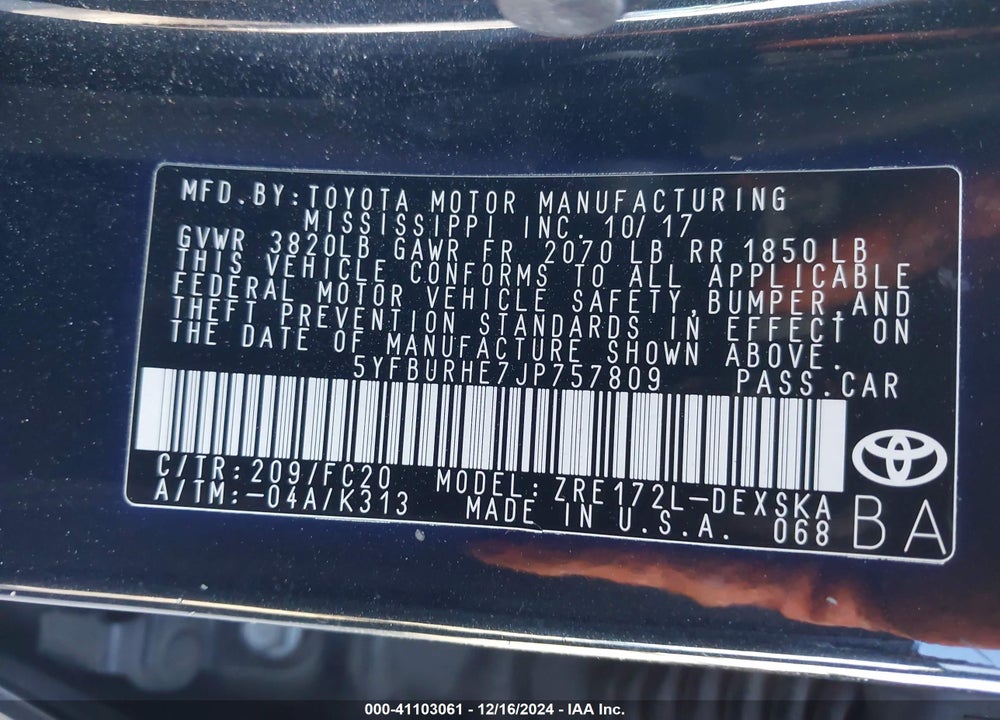 2018 TOYOTA COROLLA SE VIN: 5YFBURHE7JP757809