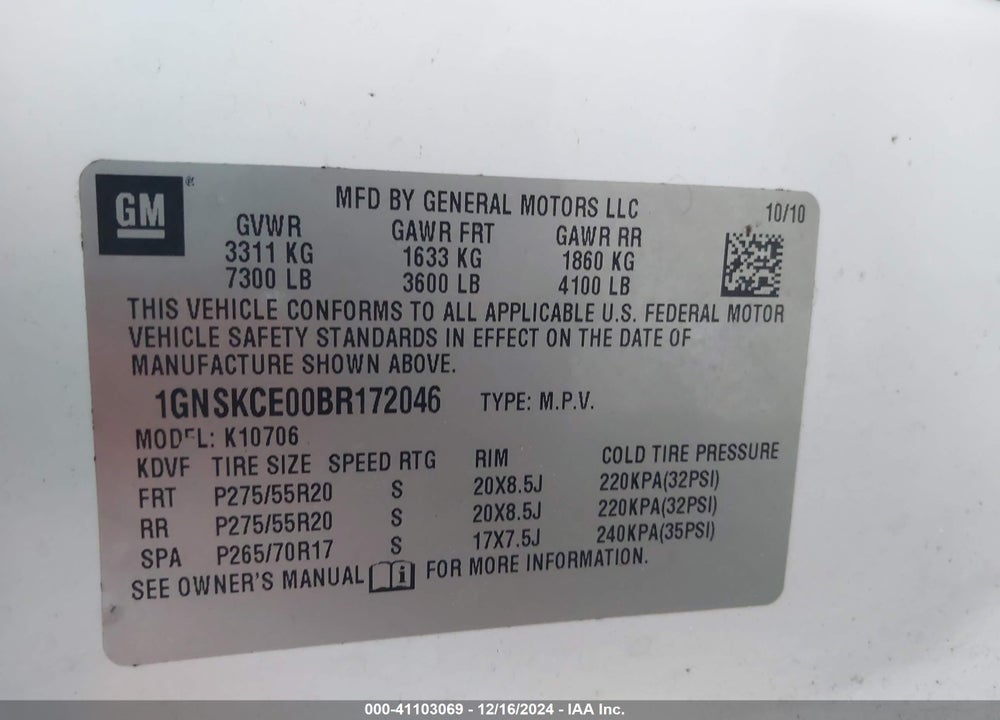 2011 CHEVROLET TAHOE LTZ VIN: 1GNSKCE00BR172046