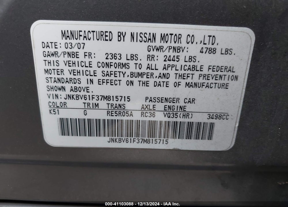 2007 INFINITI G35X VIN: JNKBV61F37M815715