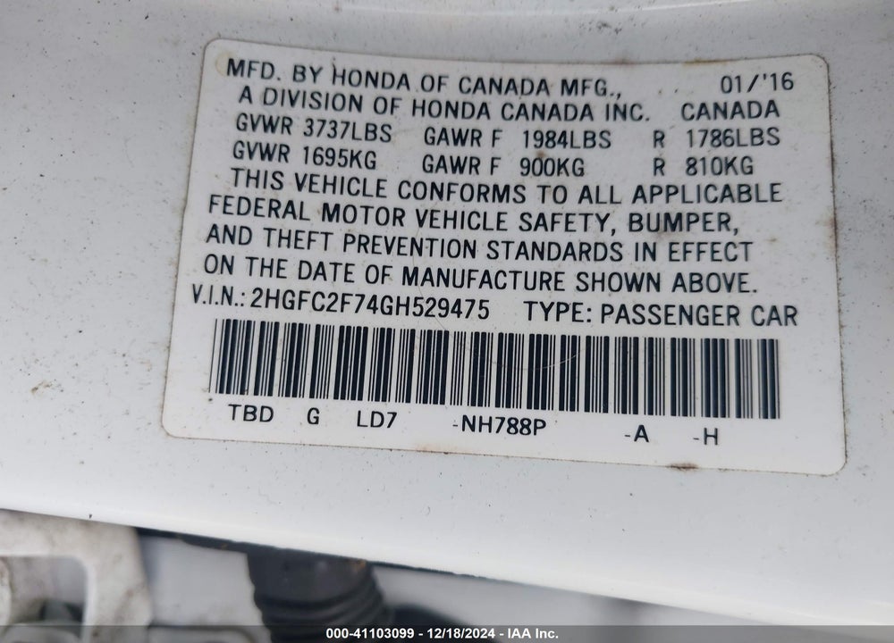 2016 HONDA CIVIC VIN: 2HGFC2F74GH529475