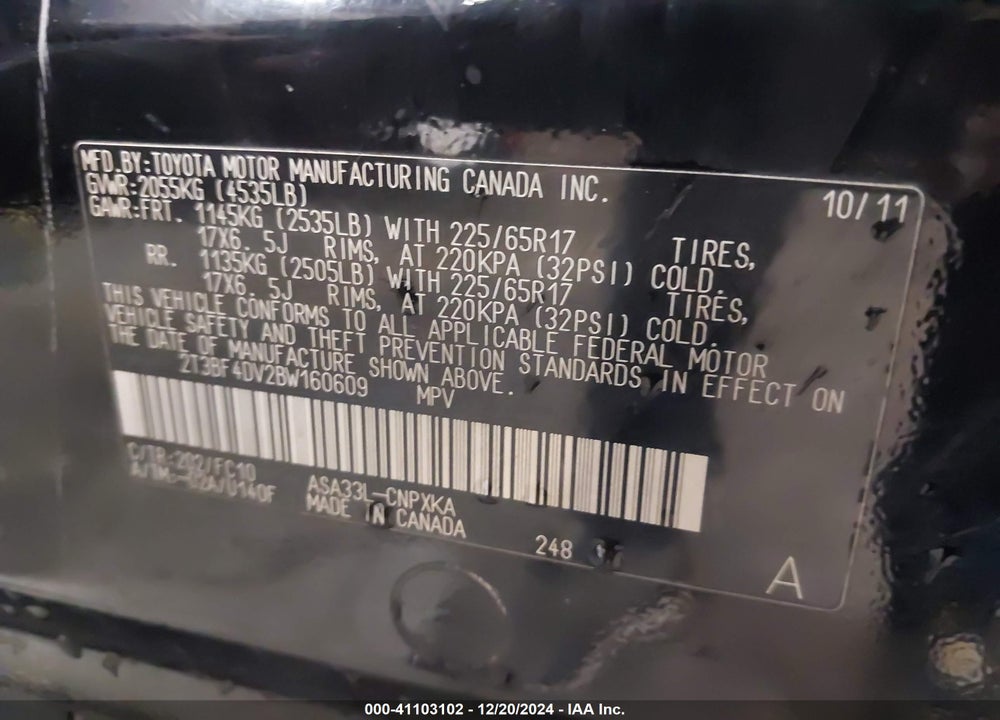 2011 TOYOTA RAV4 VIN: 2T3BF4DV2BW160609