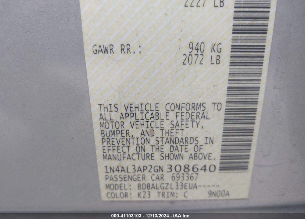 2016 NISSAN ALTIMA VIN: 1N4AL3AP2GN308640