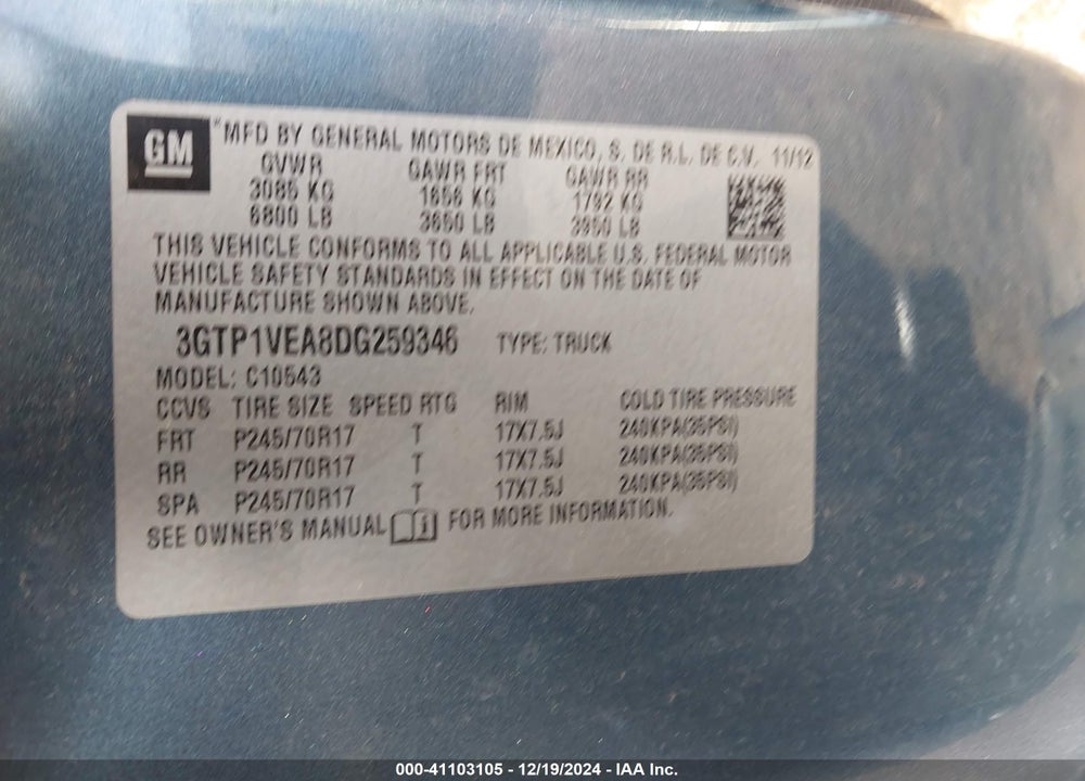 2013 GMC SIERRA 1500 SLE VIN: 3GTP1VEA8DG259346