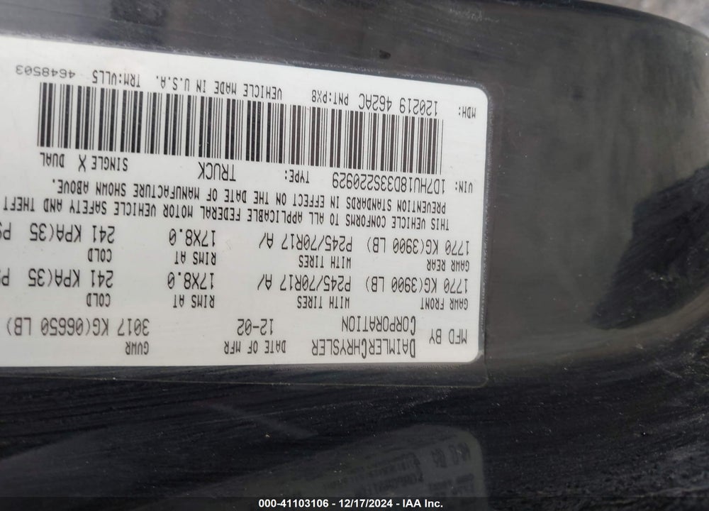 2003 DODGE RAM 1500 SLT/LARAMIE/ST VIN: 1D7HU18D33S220929