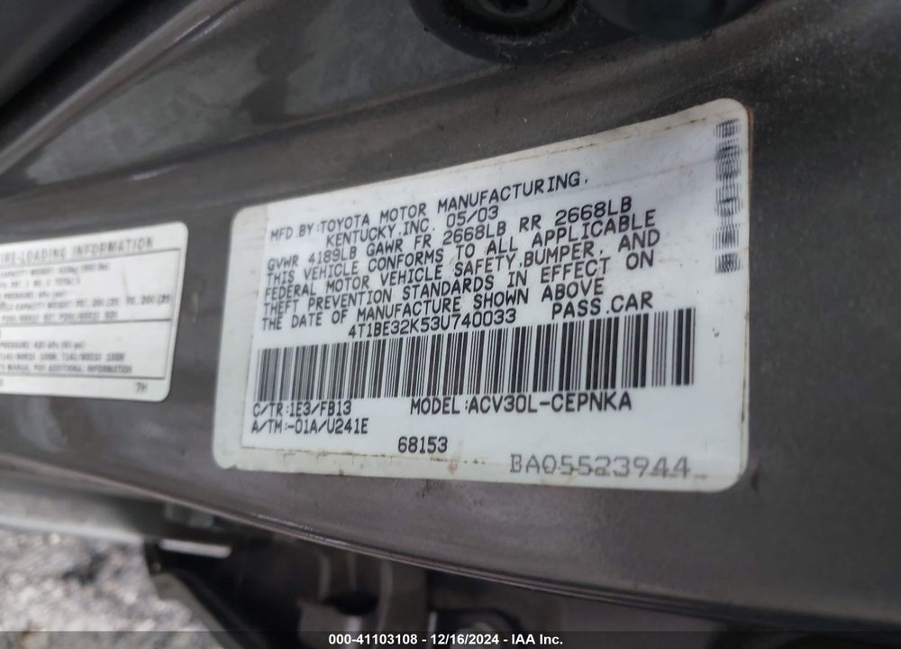 2003 TOYOTA CAMRY LE VIN: 4T1BE32K53U740033