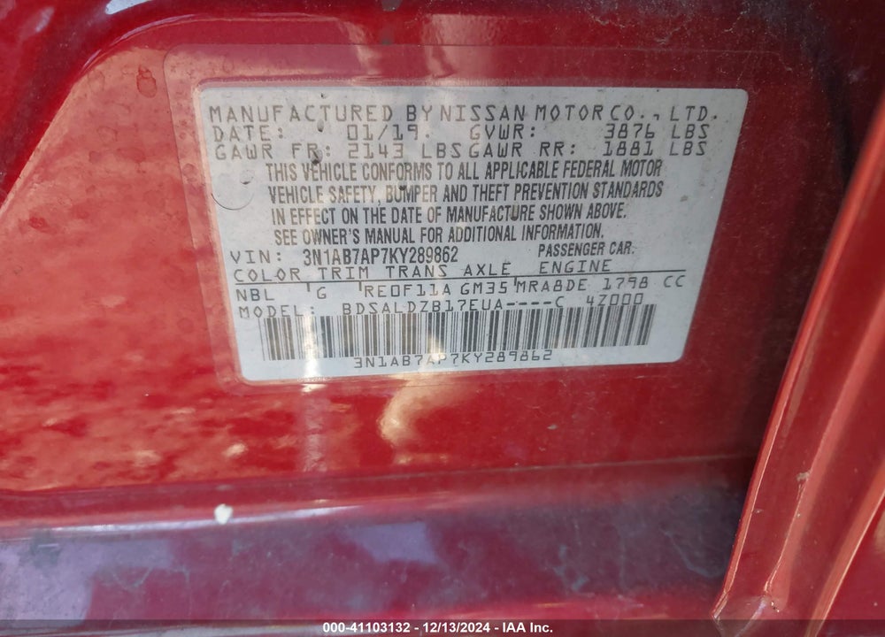 2019 NISSAN SENTRA SV VIN: 3N1AB7AP7KY289862