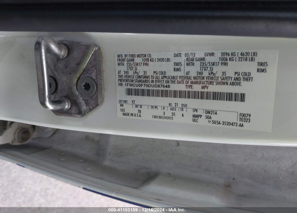 2013 FORD ESCAPE S VIN: 1FMCU0F70DUD87648