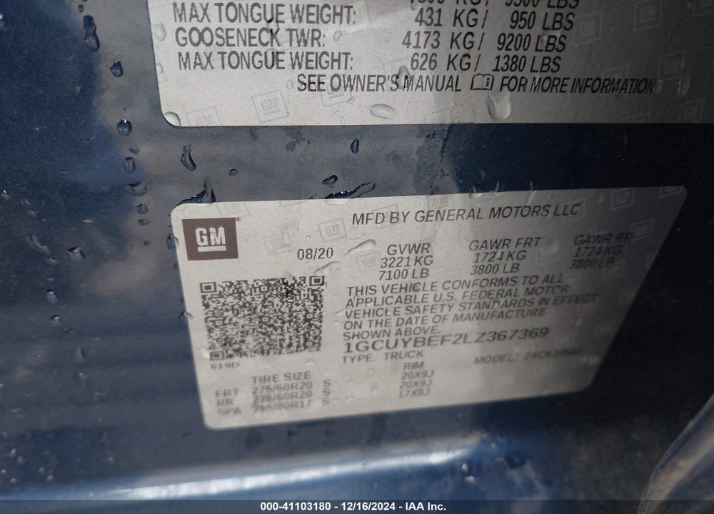 2020 CHEVROLET SILVERADO 1500 VIN: 1GCUYBEF2LZ367369