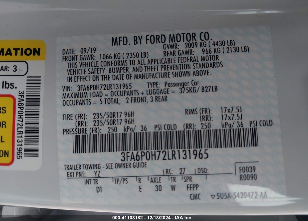 2020 FORD FUSION SE VIN: 3FA6P0H72LR131965