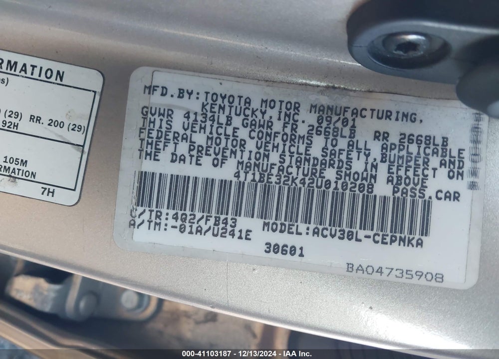 2002 TOYOTA CAMRY LE VIN: 4T1BE32K42U010208