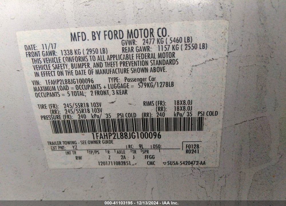 2018 FORD POLICE INTERCEPTOR VIN: 1FAHP2L88JG100096