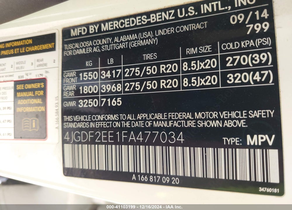 2015 MERCEDES-BENZ GL 350 BLUETEC 4MATIC VIN: 4JGDF2EE1FA477034