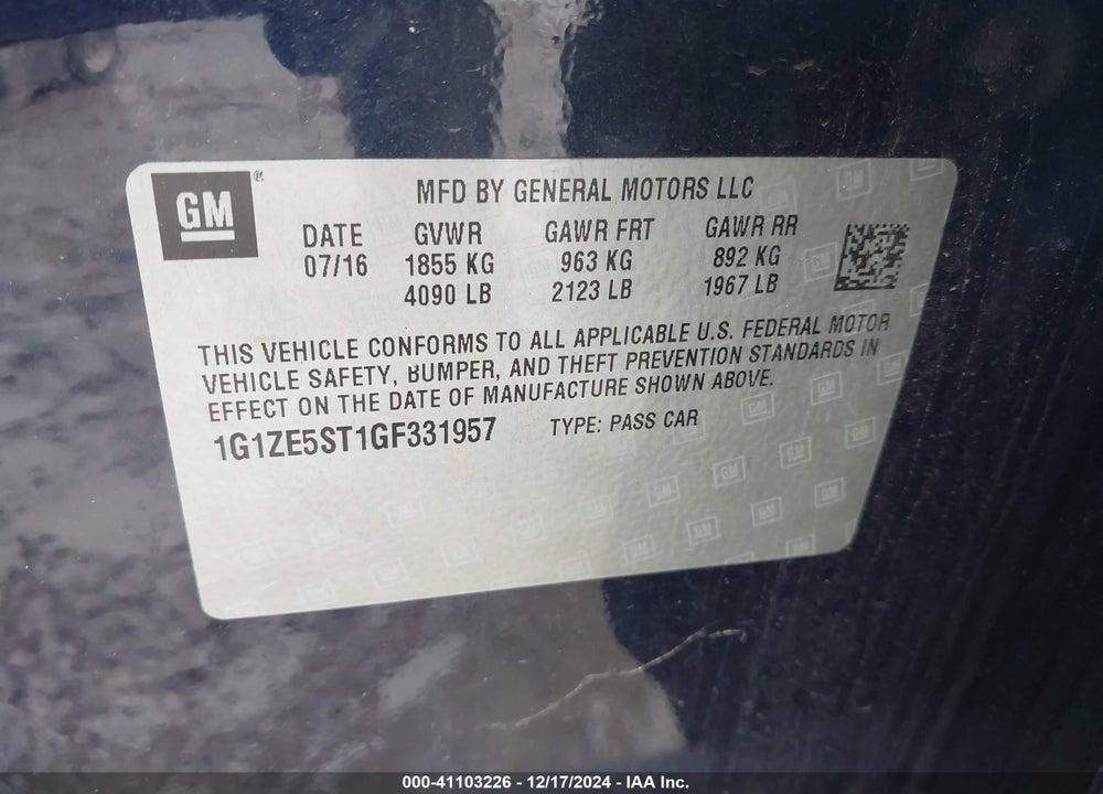 2016 CHEVROLET MALIBU 1LT VIN: 1G1ZE5ST1GF331957