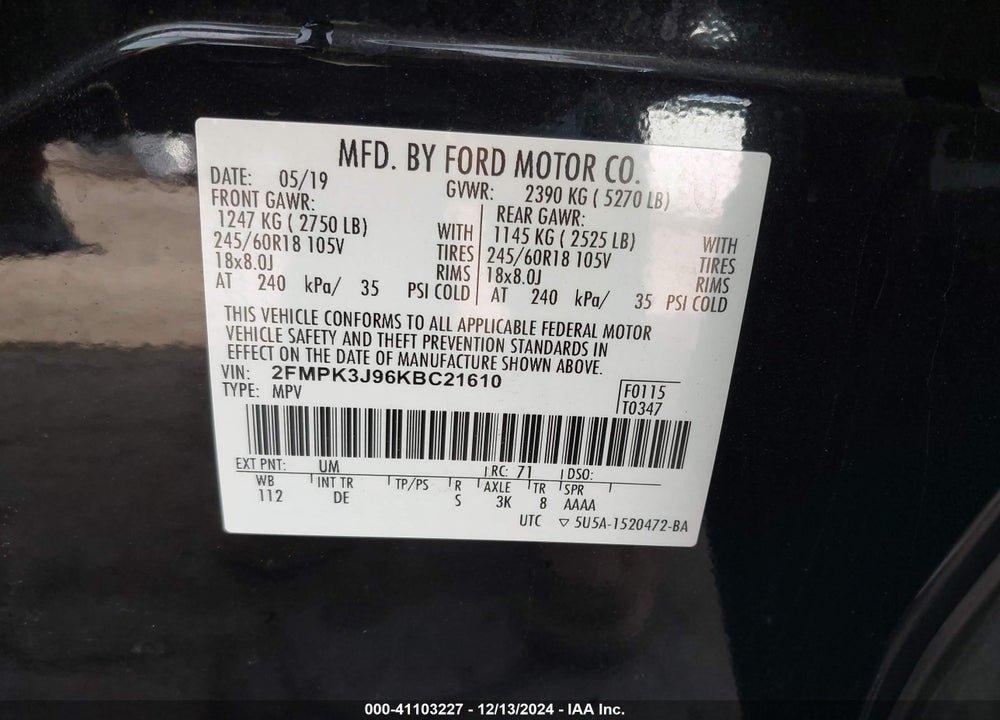 2019 FORD EDGE SEL VIN: 2FMPK3J96KBC21610