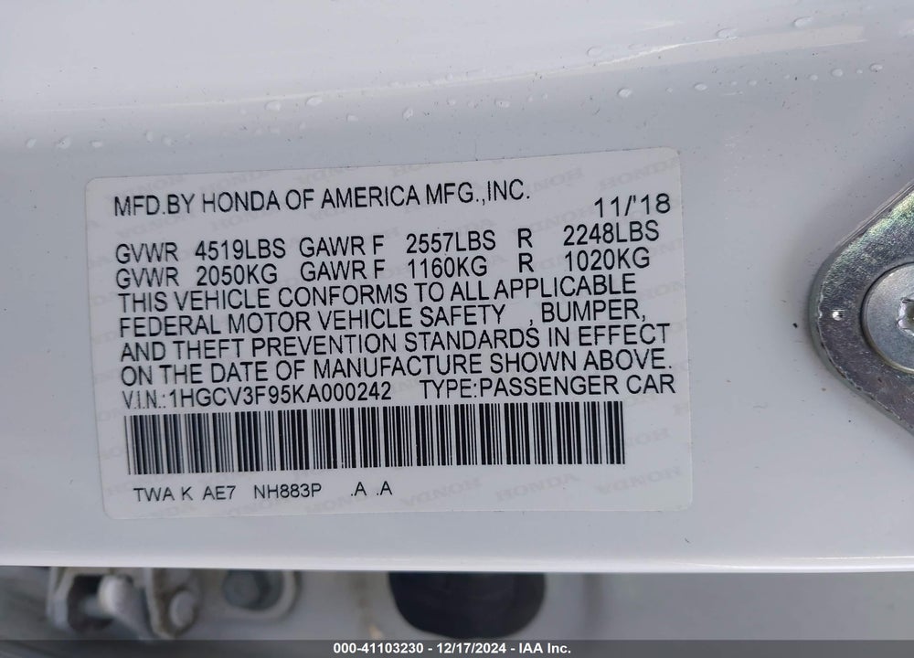 2019 HONDA ACCORD HYBRID VIN: 1HGCV3F95KA000242