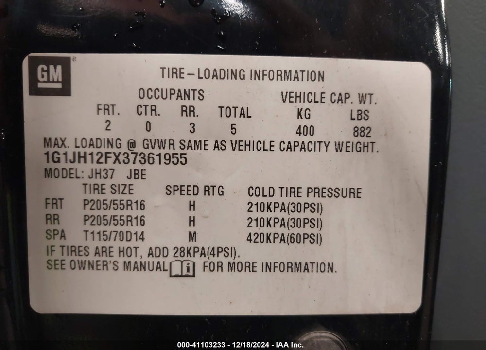 2003 CHEVROLET CAVALIER LS SPORT VIN: 1G1JH12FX37361955