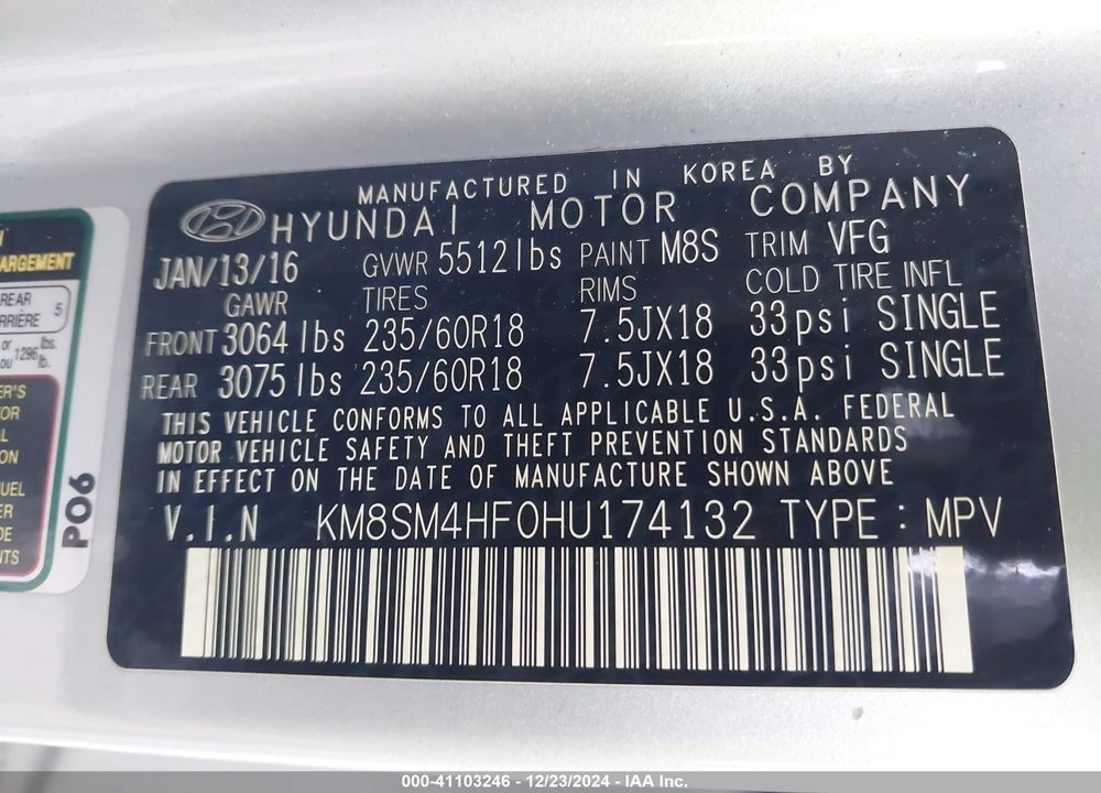2017 HYUNDAI SANTA FE SE VIN: KM8SM4HF0HU174132