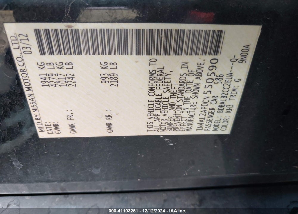 2012 NISSAN ALTIMA 2.5 S VIN: 1N4AL2AP0CN550590