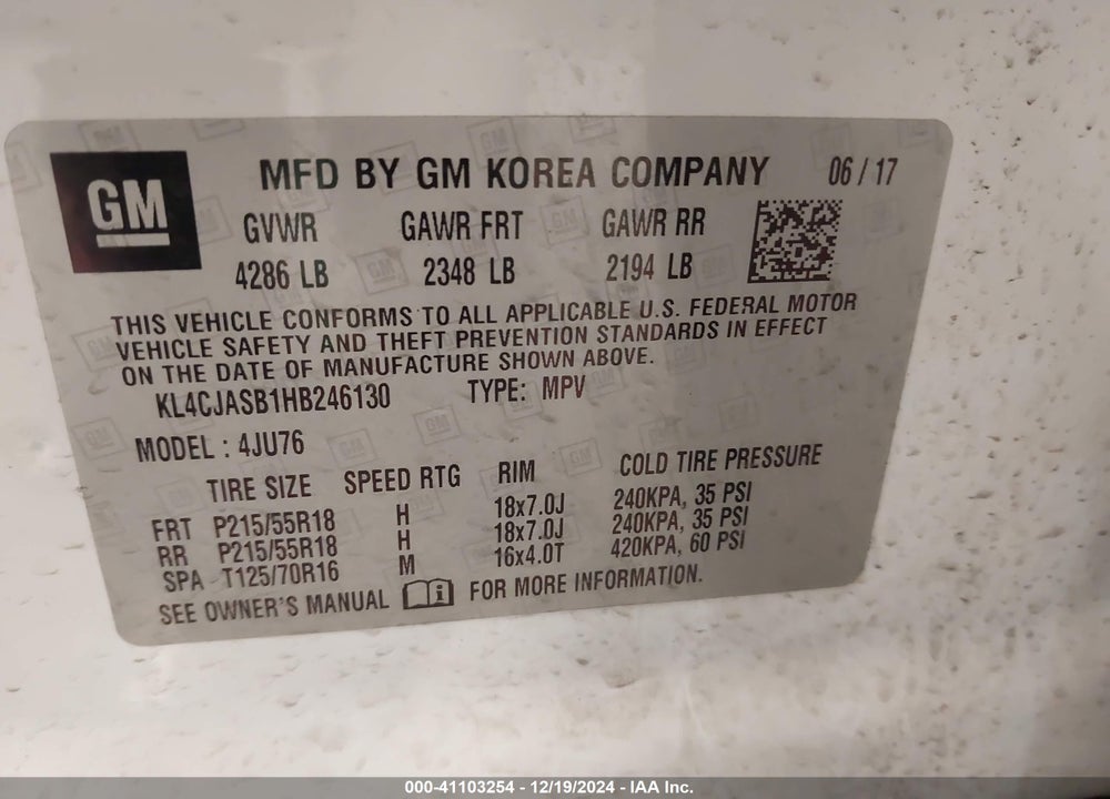 2017 BUICK ENCORE PREFERRED VIN: KL4CJASB1HB246130