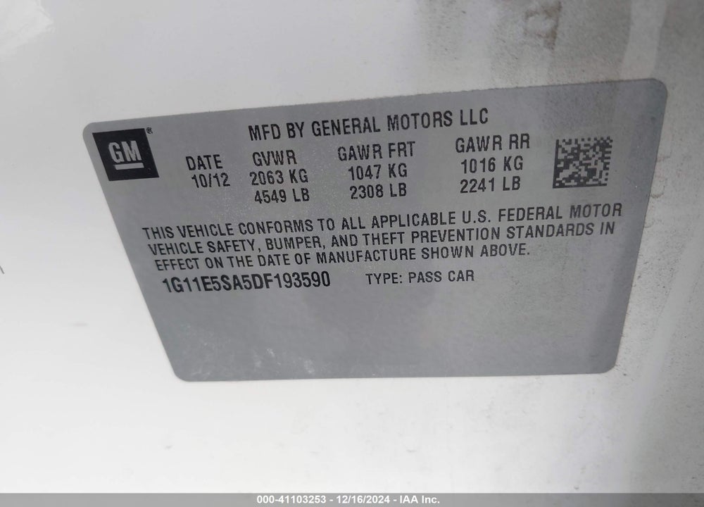 2013 CHEVROLET MALIBU 2LT VIN: 1G11E5SA5DF193590