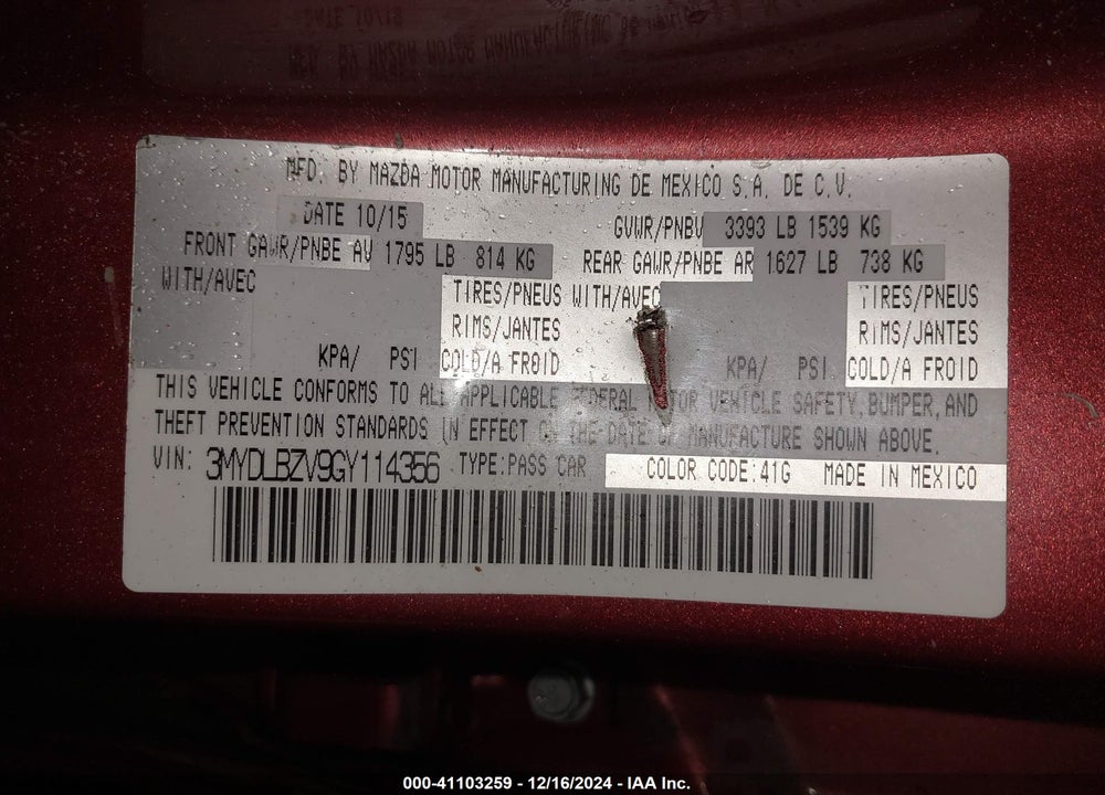 2016 SCION IA VIN: 3MYDLBZV9GY114356