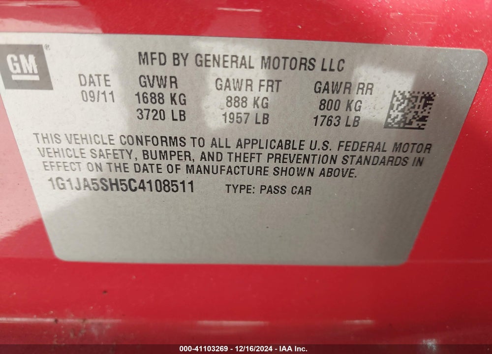 2012 CHEVROLET SONIC LS VIN: 1G1JA5SH5C4108511