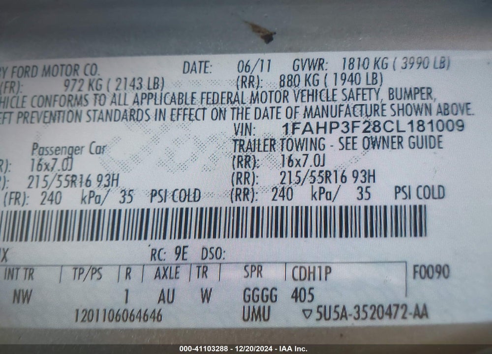 2012 FORD FOCUS SE VIN: 1FAHP3F28CL181009