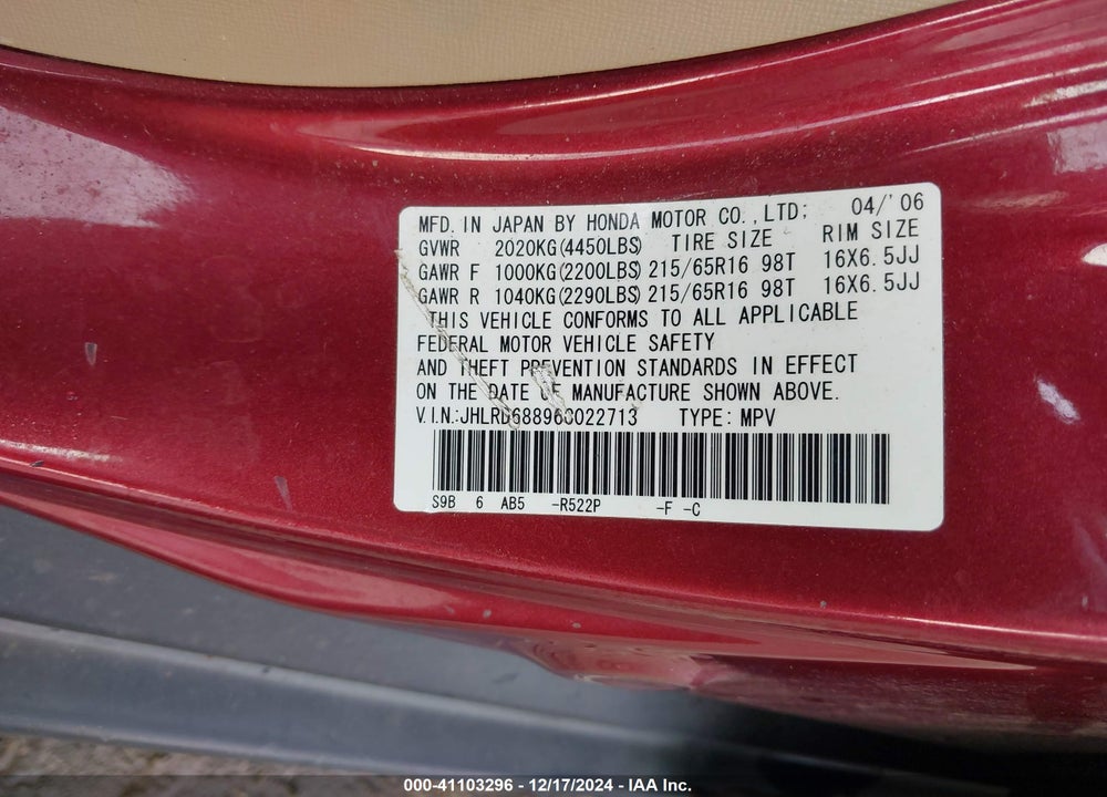 2006 HONDA CR-V EX VIN: JHLRD68896C022713