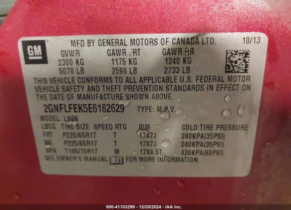 2014 CHEVROLET EQUINOX 1LT VIN: 2GNFLFEK5E6162629