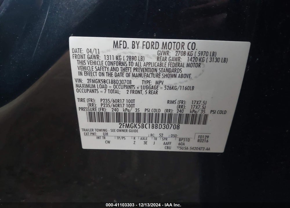 2011 FORD FLEX SE VIN: 2FMGK5BC1BBD30708