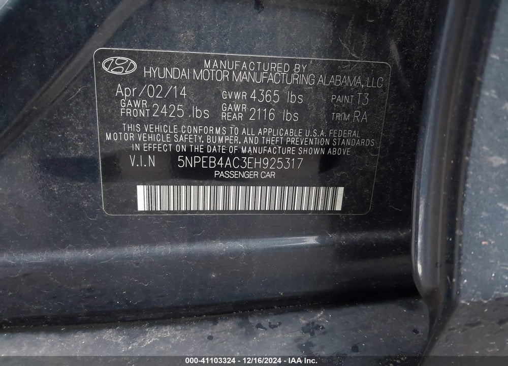 2014 HYUNDAI SONATA GLS VIN: 5NPEB4AC3EH925317