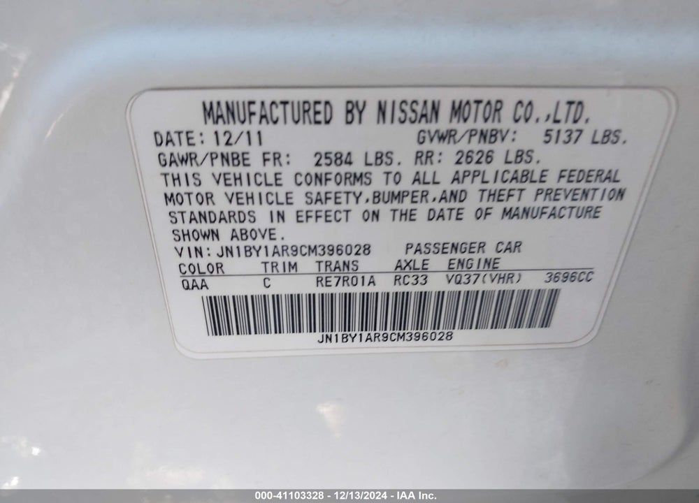2012 INFINITI M37X VIN: JN1BY1AR9CM396028
