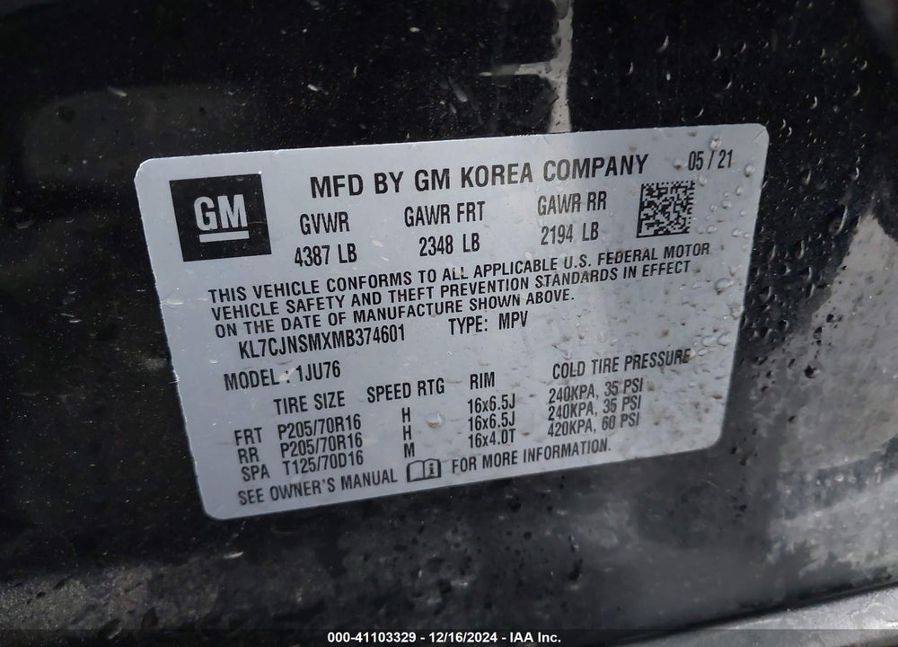 2021 CHEVROLET TRAX AWD LS VIN: KL7CJNSMXMB374601