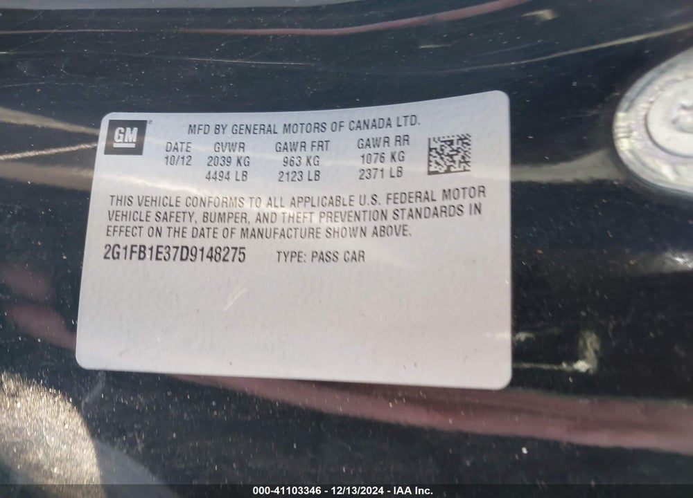 2013 CHEVROLET CAMARO 1LT VIN: 2G1FB1E37D9148275